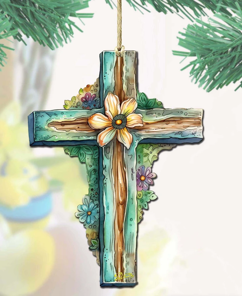 Designocracy Holiday Teal Cross Wooden Ornament
