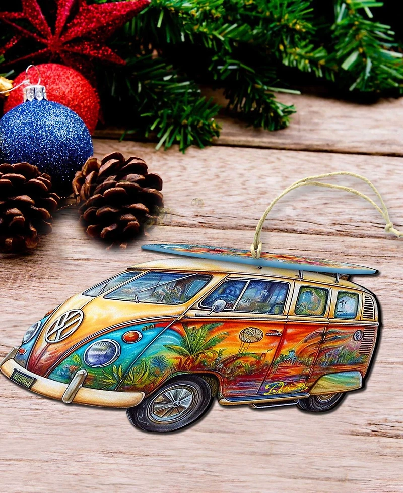 Designocracy Hippie Van Christmas Wooden Ornament