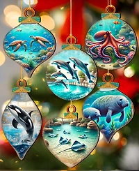 Designocracy Sea Life Wooden Ornaments, Set 12