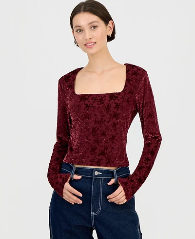 Sincerely Jules Juniors' Flocked Long-Sleeve Square-Neck Top