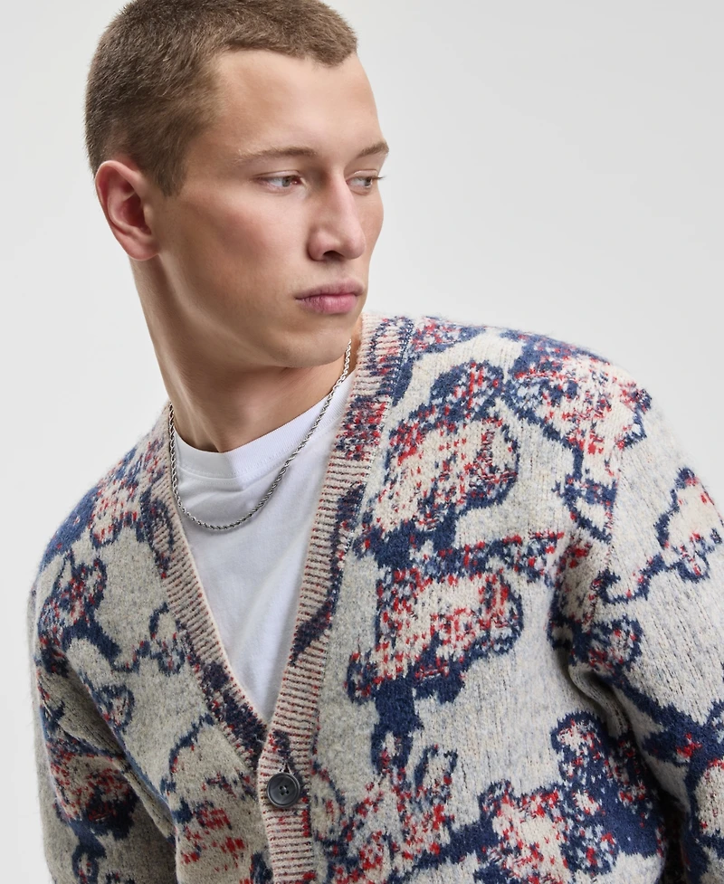 Mode of One Men's Relaxed Fit Long Sleeve Abstract Floral V-Neck Cardigan Sweater, Macy's Exclusive