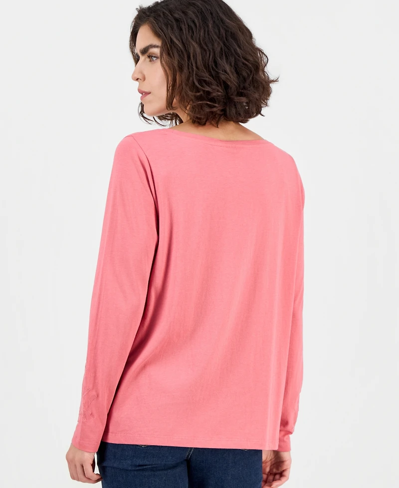 Style & Co Women's Embroidered Boat-Neck Long-Sleeve Top, Macy's Exclusive
