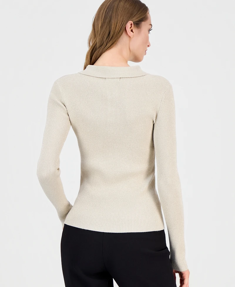 T Tahari Women's Collared Ribbed Metallic Top