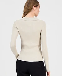 T Tahari Women's Collared Ribbed Metallic Top