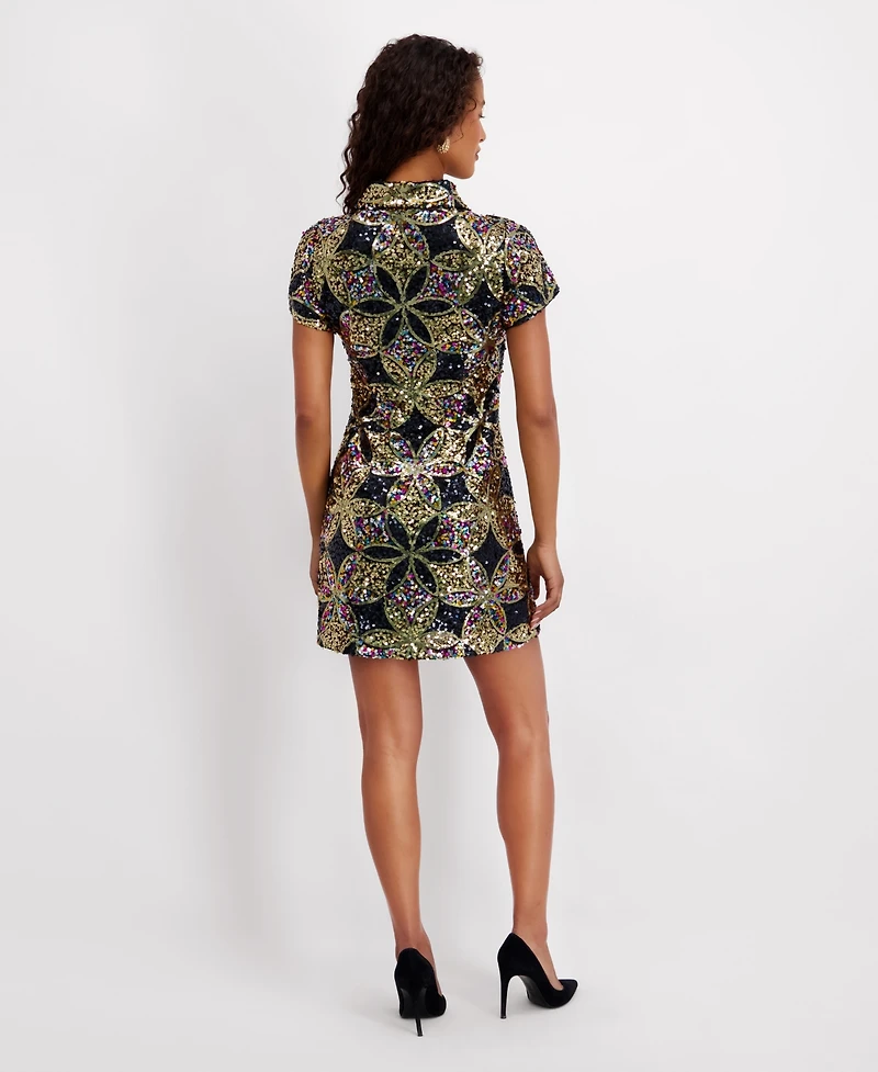 kensie Women's Sequin Short Sleeve Shirt Dress