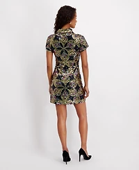 kensie Women's Sequin Short Sleeve Shirt Dress