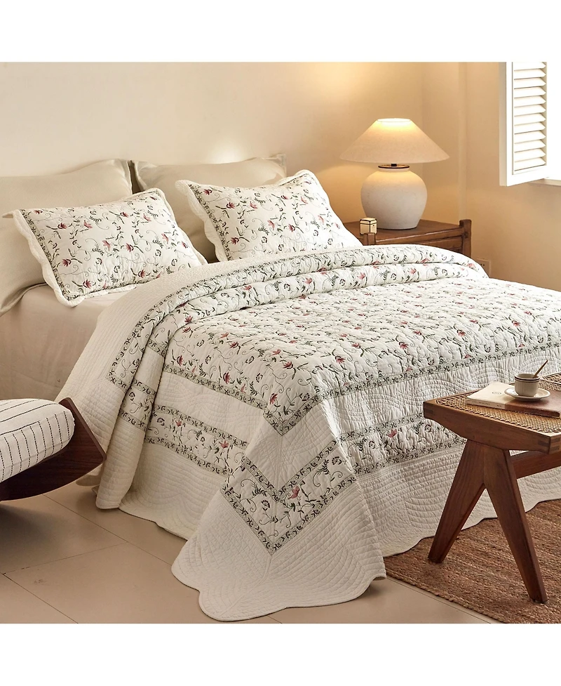 MarCielo 3Pcs 100% Cotton Embroidery Delicate Floral Quilt Bedspread Set Queen
