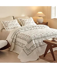MarCielo 3Pcs 100% Cotton Embroidery Delicate Floral Quilt Bedspread Set Queen