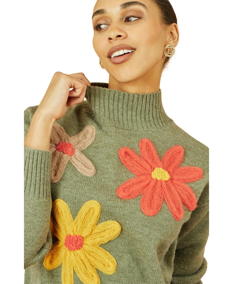 Yumi Women's Floral Detail High Neck Knit Sweater