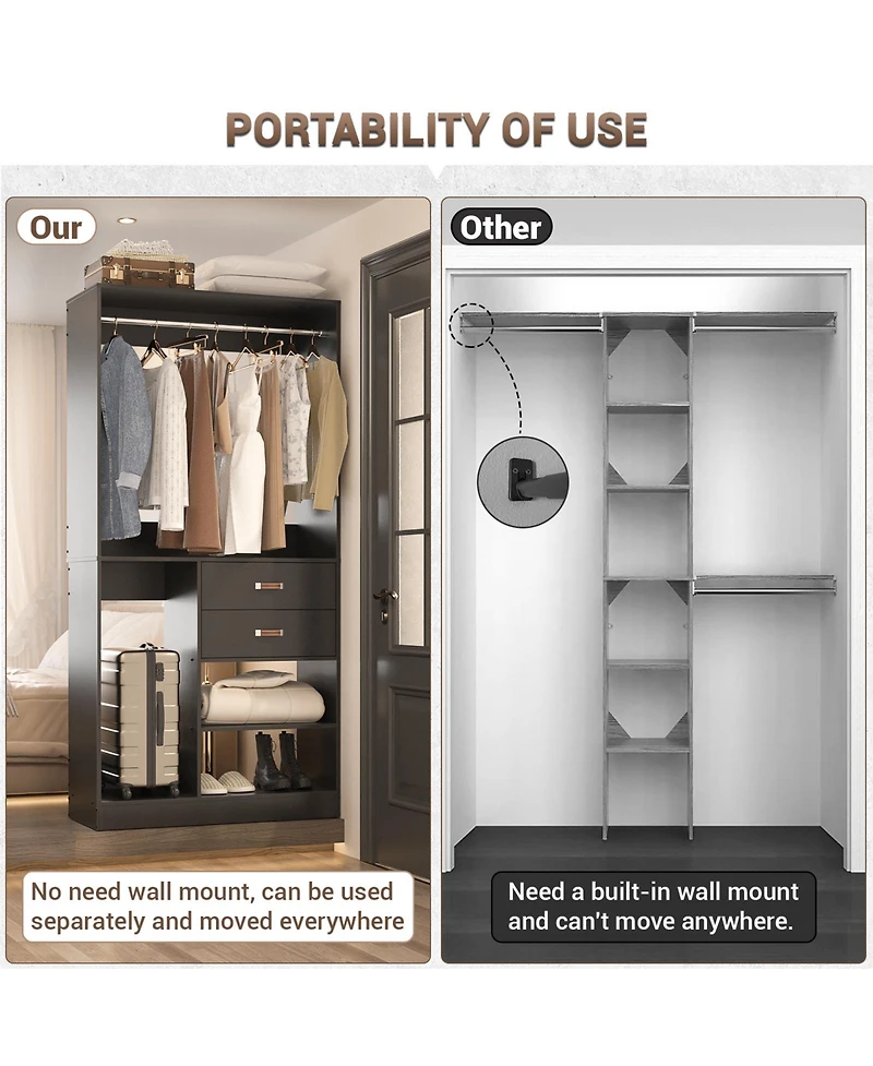 8FT Walk Closet Organizer with 3 Shelving Towers, Heavy Duty Clothes Rack Drawers