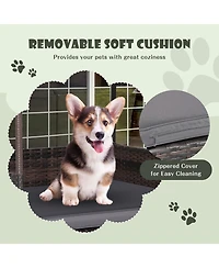 Gymax Wicker Dog House w/ Cushion Lounge Raised Rattan Bed for Indoor/Outdoo