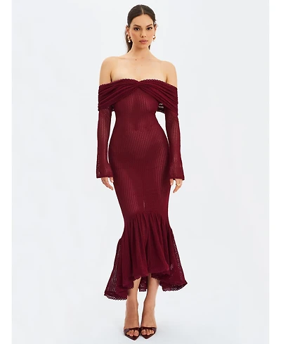 Miss Circle Women Kaedyn Burgundy Off Shoulder Long Sleeve Crochet Mermaid Maxi Dress