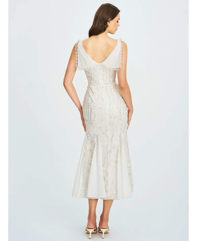 Miss Circle Women Paola White Peter Pan Collar Beaded Sequin Mermaid Midi Dress