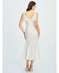Miss Circle Women Paola White Peter Pan Collar Beaded Sequin Mermaid Midi Dress