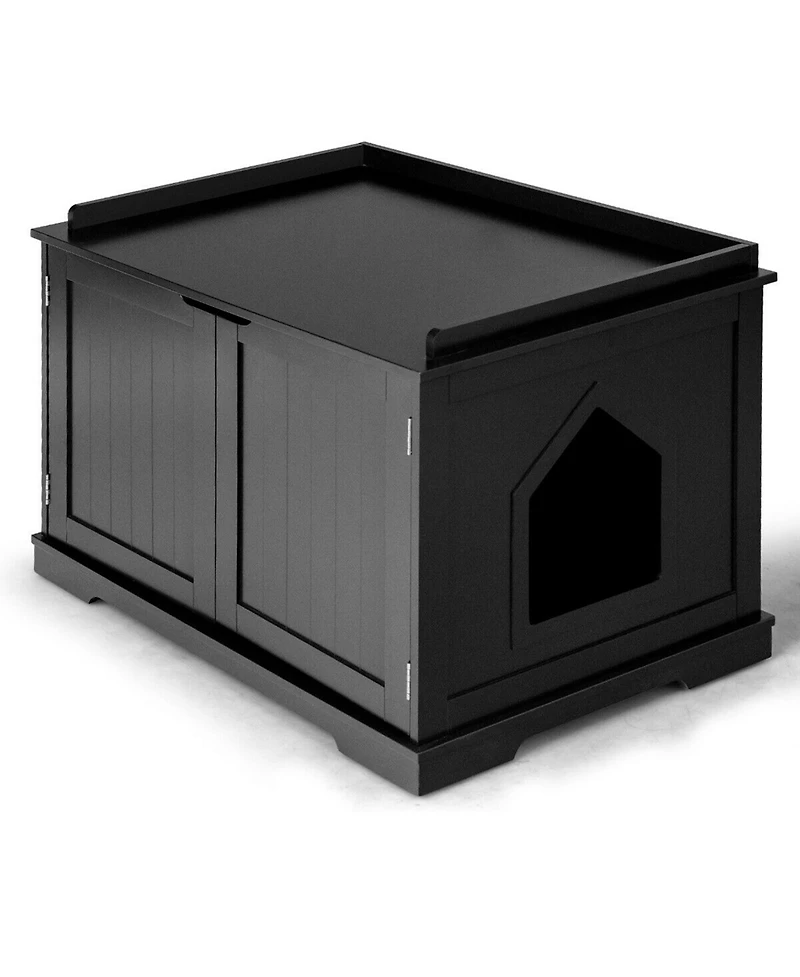 Gymax Cat Litter Box Wooden Enclosure Pet House Sidetable Washroom Storage Bench