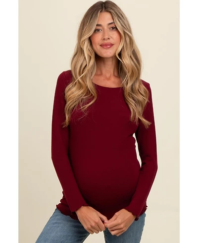 Pinkblush Maternity Brown Ribbed Knit Long Sleeve Lettuce Hem Top