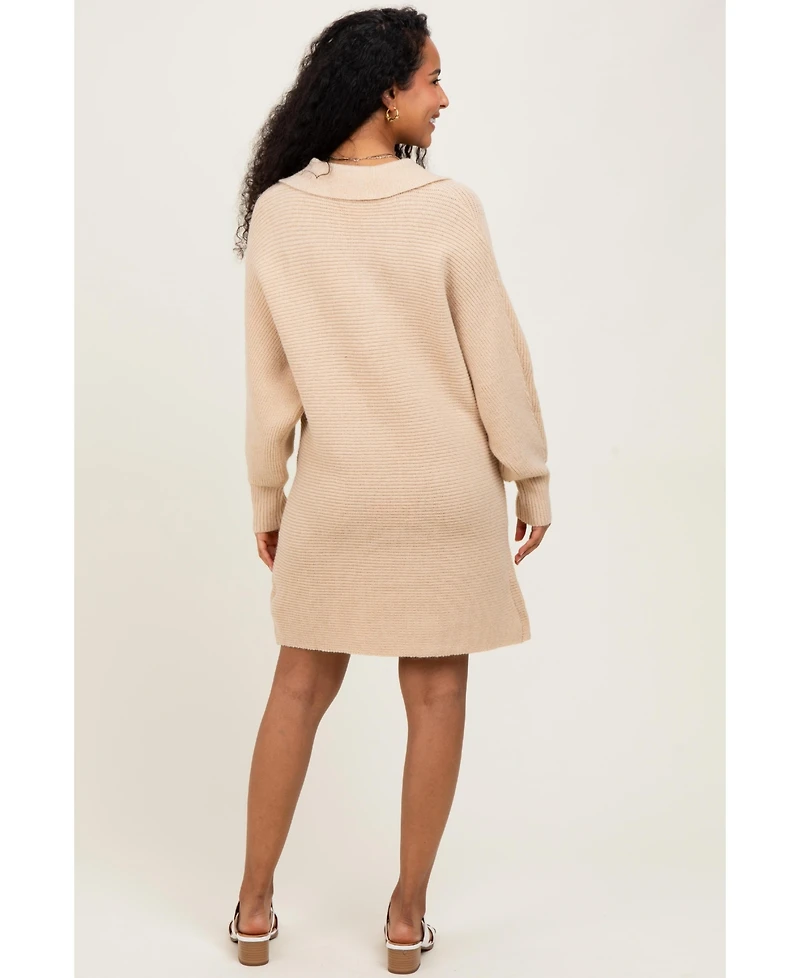 Pinkblush Maternity Taupe Chunky Knit Collared Sweater Dress