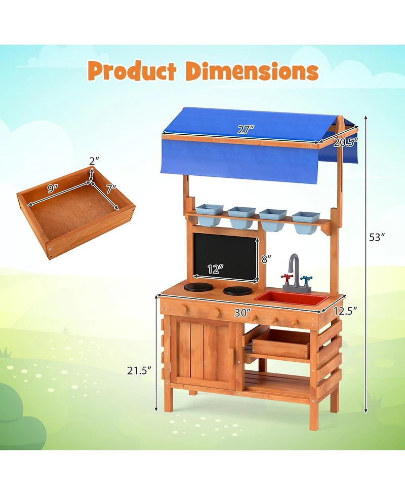 Gymax Mud Kitchen Wooden Pretend Play Kitchen w/ Height Adjustable Canopy