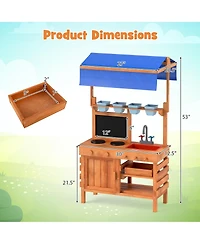 Gymax Mud Kitchen Wooden Pretend Play Kitchen w/ Height Adjustable Canopy