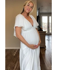 Pinkblush Maternity Ivory Deep V-Neck Flutter Sleeve Tiered Midi Dress