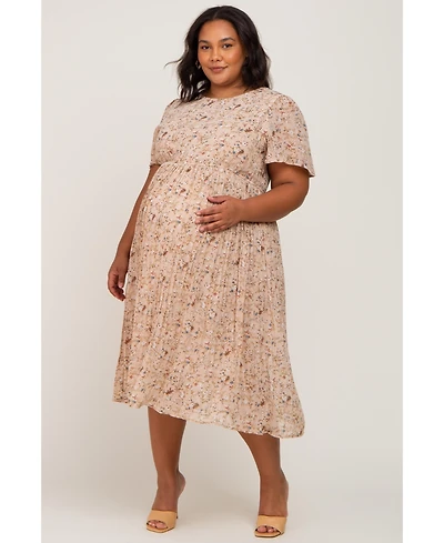Pinkblush Plus Light Pink Floral Pleated Chiffon Midi Dress