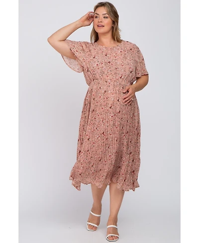 Pinkblush Plus Size Light Pink Floral Pleated Chiffon Midi Dress