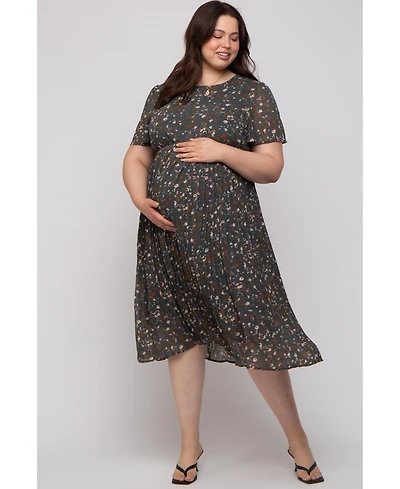 Pinkblush Plus Size Light Pink Floral Pleated Chiffon Midi Dress