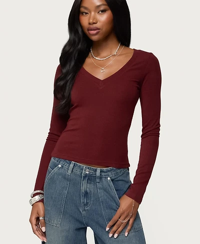 Edikted Women's Larna V Neck Ribbed T Shirt
