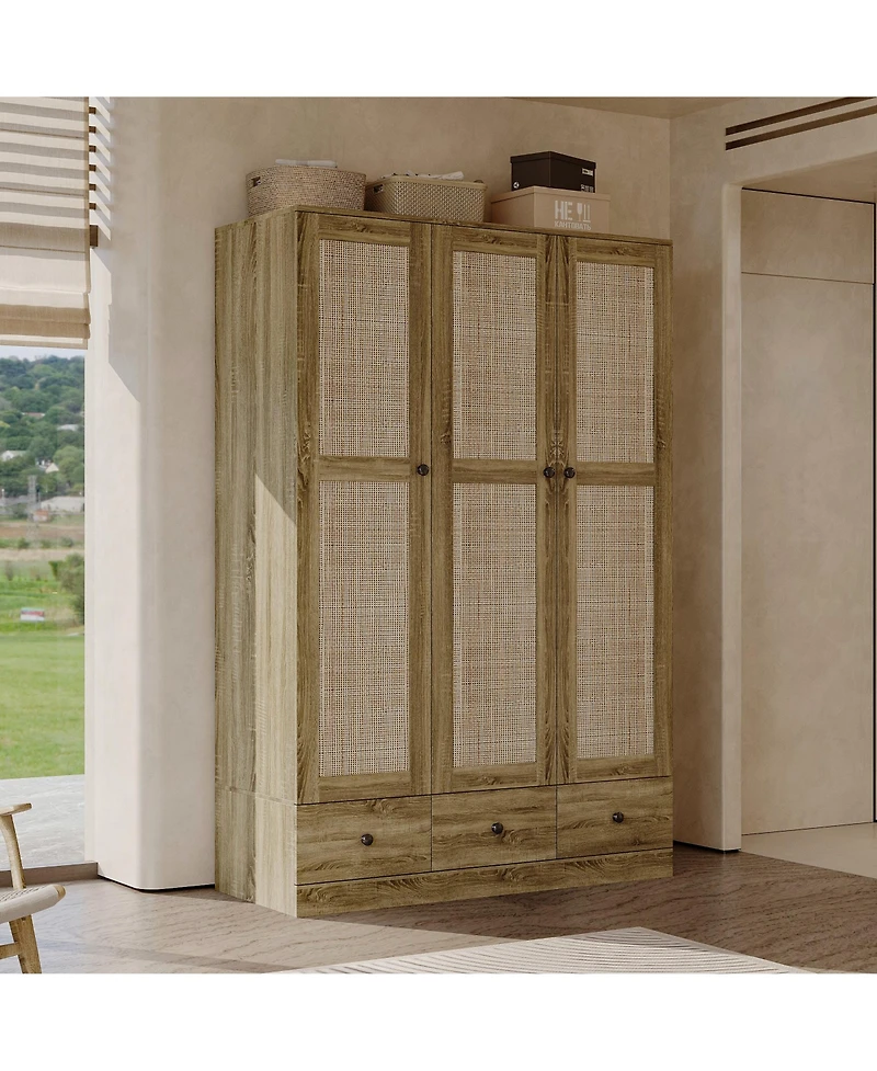 Homsee Rattan Doors Wardrobe with 3-Drawers, Hanging Rod,Bedroom Armoire,Closet