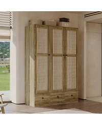 Homsee Rattan Doors Wardrobe with 3-Drawers, Hanging Rod,Bedroom Armoire,Closet