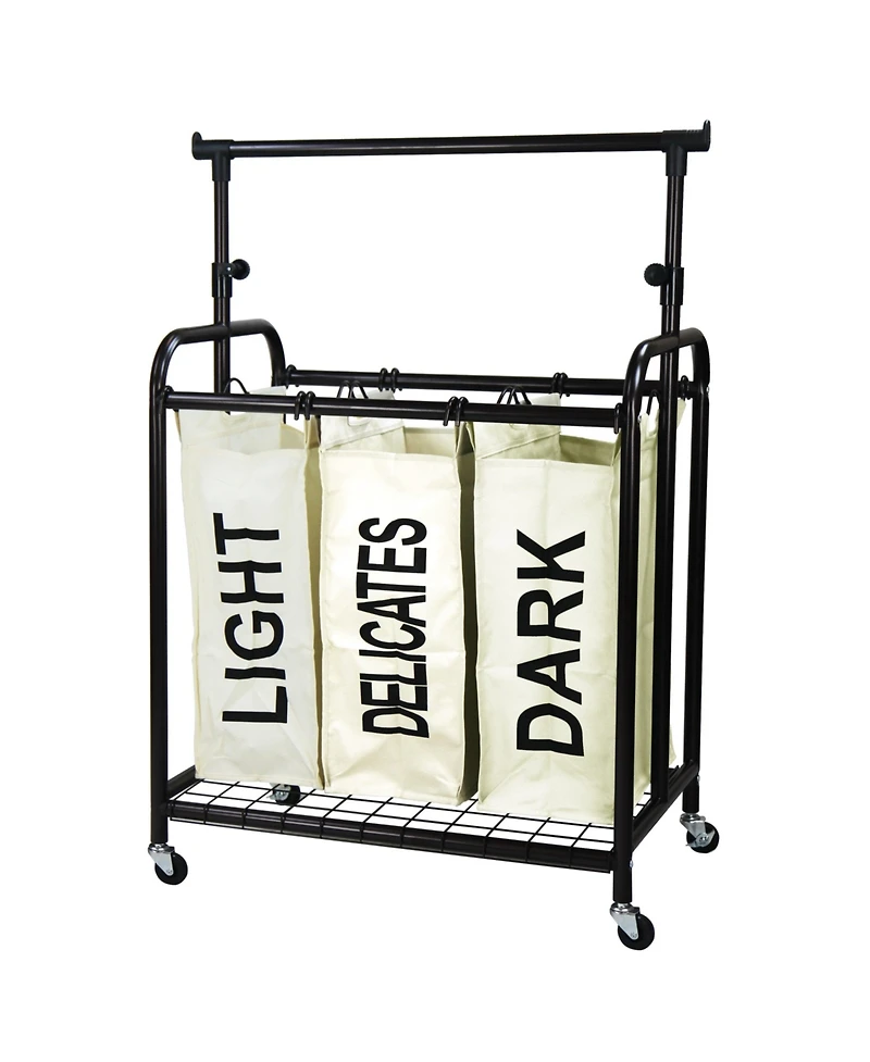 Oceanstar 3-Bag Rolling Laundry Sorter with Adjustable Hanging Bar