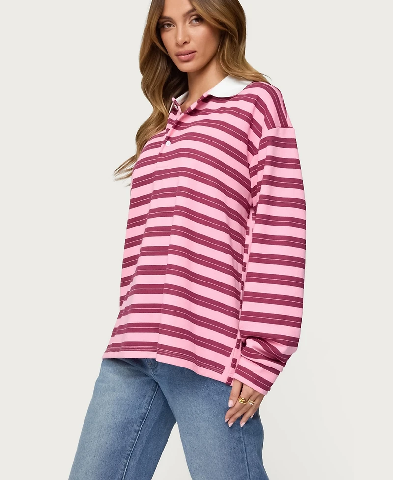 Edikted Womens Maureen Striped Polo Sweatshirt
