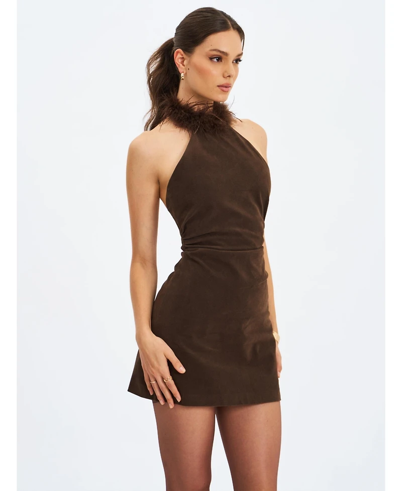Miss Circle Women's Yael Espresso Suede Faux Fur Halter Mini Dress