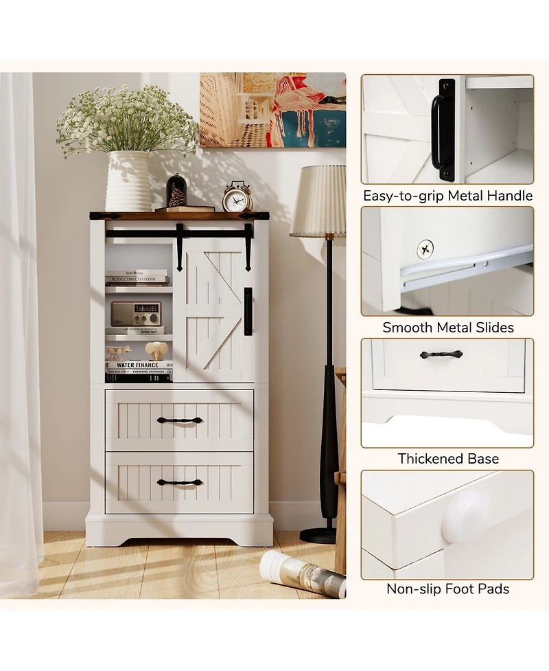 Gymax Farmhouse Bathroom Floor Cabinet w/Sliding Door Adjustable Shelves & 2 Drawers