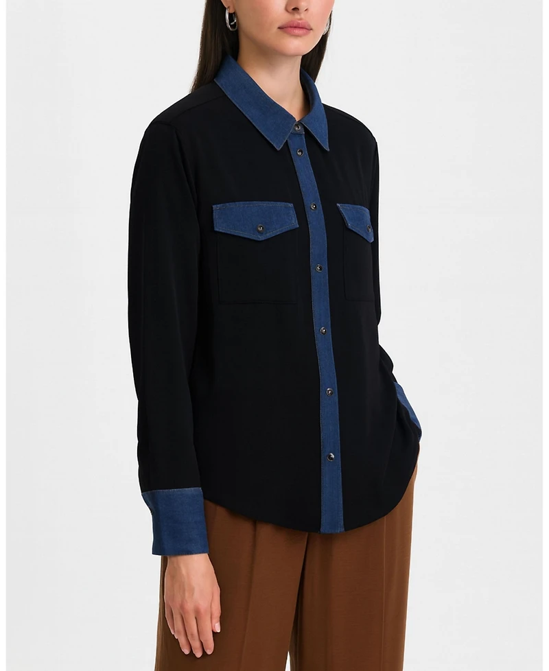 Ellen Tracy Women's Button-Up Shirt with Denim Trim