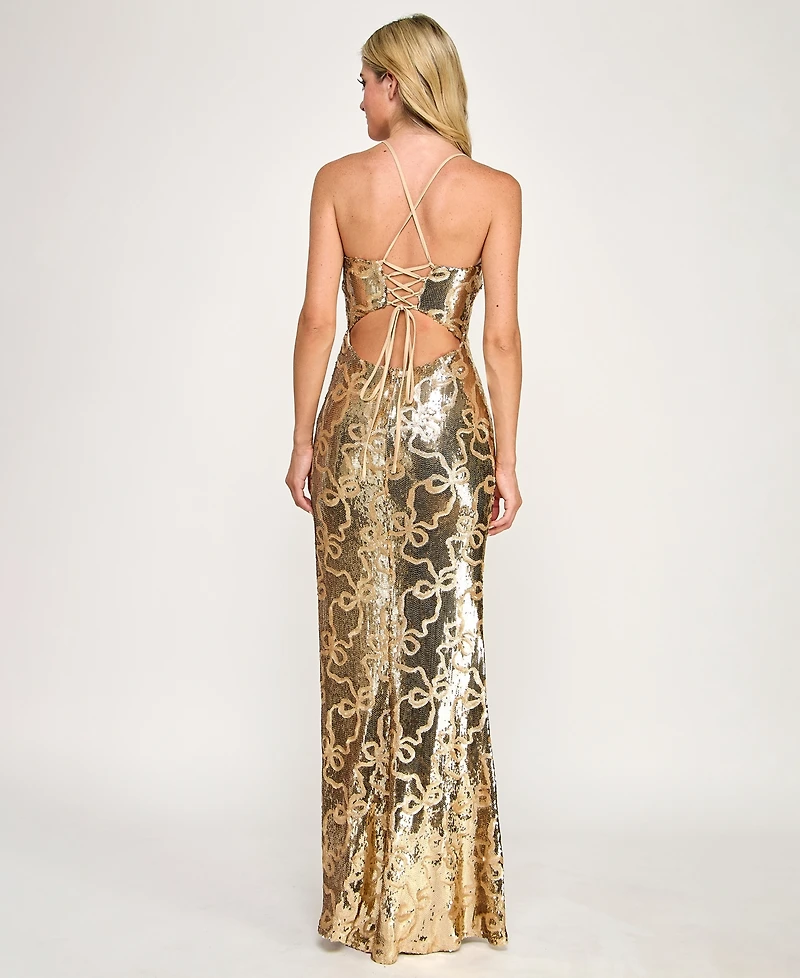Seni & Cade Juniors' Bow Sequin Square Neck Long Dress