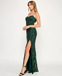 City Studios Women's Wavy Sequin Slim Open Back Long Dress