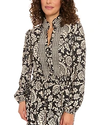 London Times Women's Ruffle Neck Smocked Waist Dress