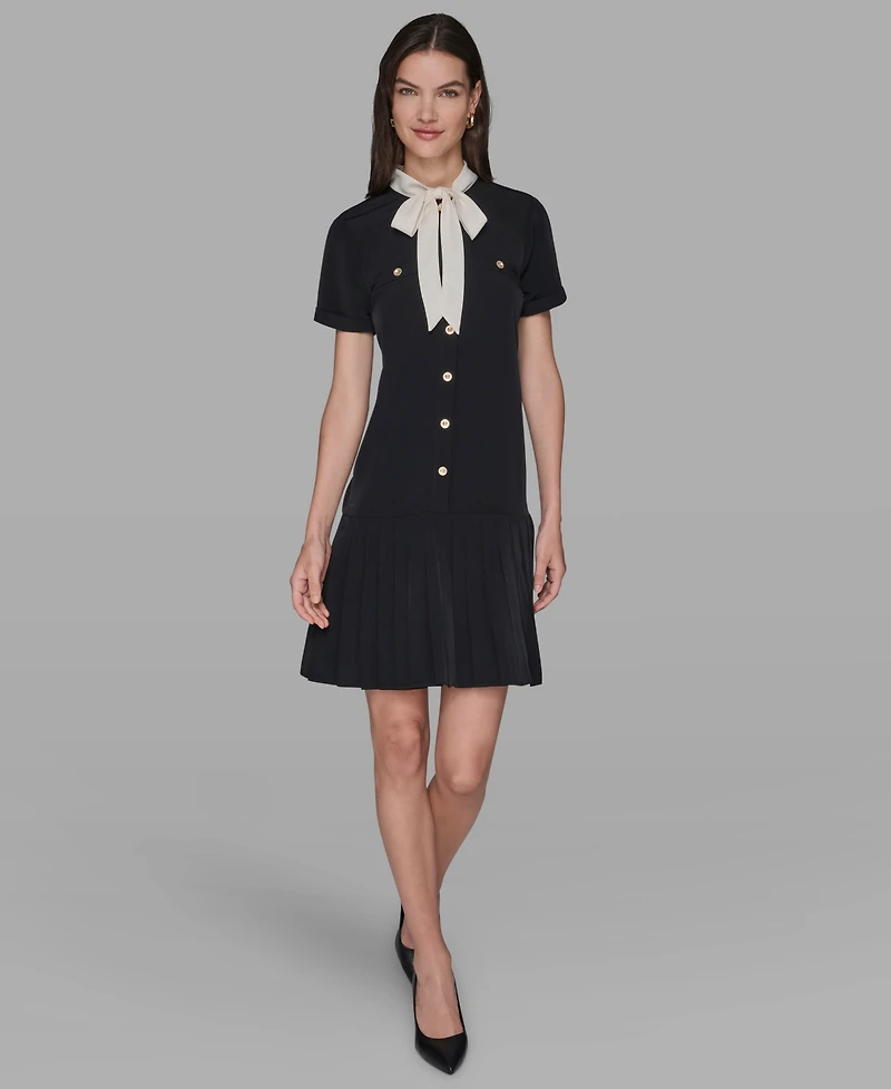 Karl Lagerfeld Paris Women's Bow Tie Neck A-Line Dress