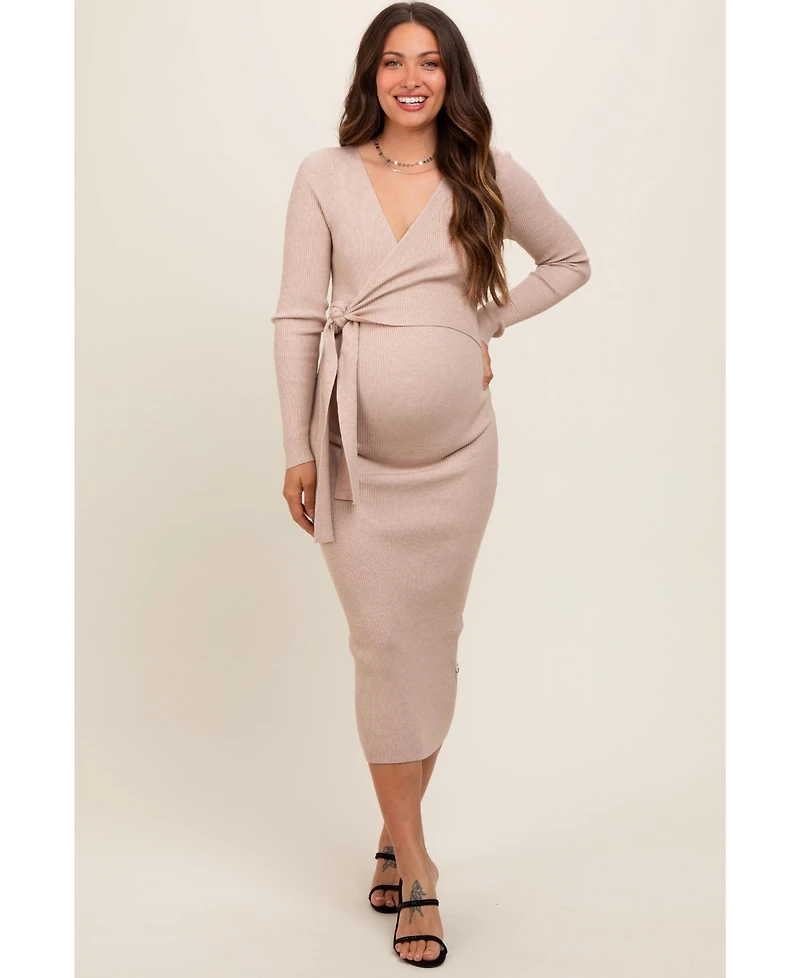 Pinkblush Maternity Beige Long Sleeve Fitted Dress