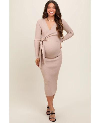 Pinkblush Maternity Beige Long Sleeve Fitted Dress