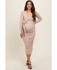 Pinkblush Maternity Beige Long Sleeve Fitted Dress