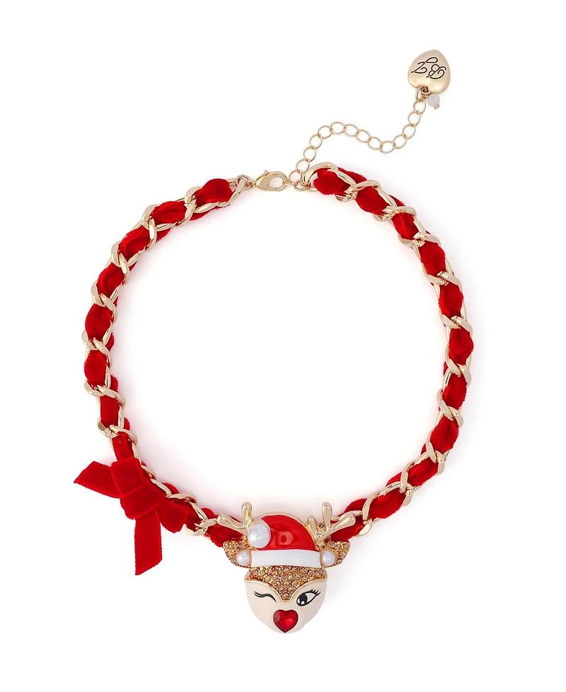 Betsey Johnson Faux Stone Santa Baby Reindeer Bow Pendant Necklace