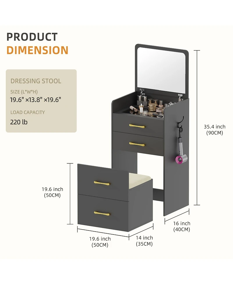 Vlsrka 3-in-1 Vanity Desk with Flip Mirror, Glass Top, 3 Drawers