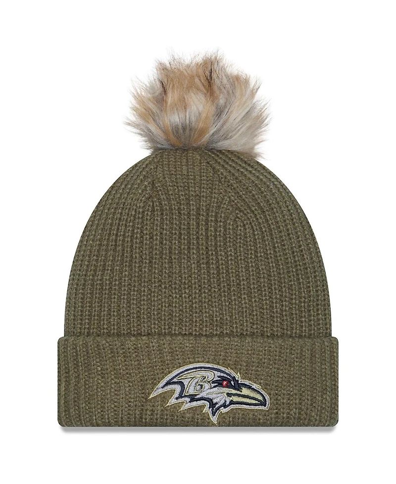 New Era Women's Dark Green Baltimore Ravens 2025 Salute to Service Cuffed Knit with Pom Hat