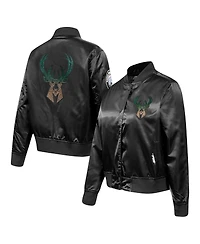 Pro Standard Women's Black Milwaukee Bucks Rhinestone Satin Full-Snap Jacket
