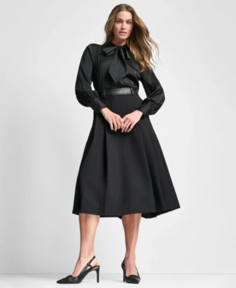 Dkny Womens Front Button Long Sleeve Blouse Pleated Midi Skirt