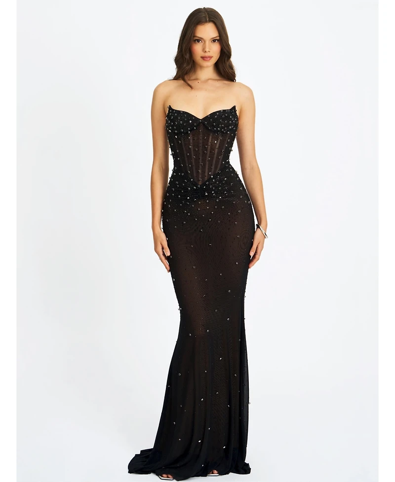 Miss Circle Women Fatima Black Crystal Sleeveless Corset Mermaid Maxi Dress