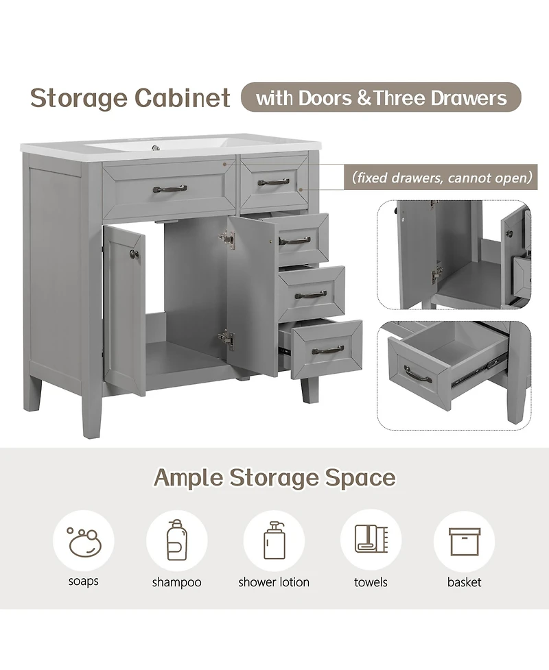 Casainc 36" Bathroom Vanity, Cabinet Base Only, with Drawers, Solid Frame and Mdf Board