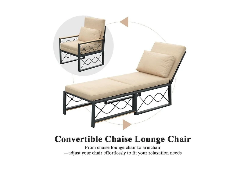 Aecojoy Outdoor Metal Chaise Lounge Chair, Convertible Patio Armchair with Cushions, Adjustable 5-Position Recliner